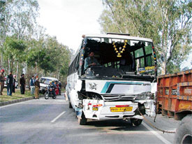 The badly damaged Sutluj bus, which was involved in an accident near Laddowal