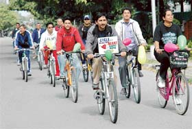 Cyclists take part in a rally organised by the Chandigarh Cardiovascular Diseases Prevention Project, PGI, and the Chandigarh Amateur Cycling Association