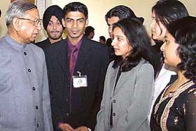 Justice NC Jain, Chairman of the Punjab State Human Rights Commission, interacts with members of ASHRA, a human rights body formed by students, in Chandigarh