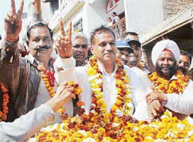 Congress candidate from Ambala Cantonment D.K. Bansal after winning in Ambala on Sunday