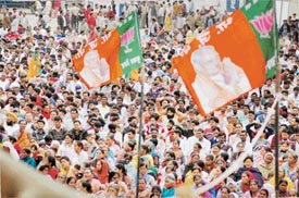 Activists of the Bharatiya Yuva Janata Morcha at a rally in Ludhiana on Sunday