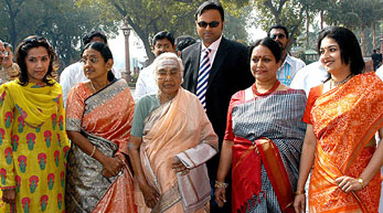 Finance Minister P. Chidambrams daughter-in-law, wife, son, mother and other family member coming in Parliament to hear Finance Ministers Budget Speech