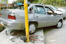 The cars and the bicyle which were involved in an accident in Mohali on Monday. 