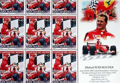 This sheet of stamps, featuring German F1 world champion Michael Schumacher, was released at a post office in San Marino on Monday