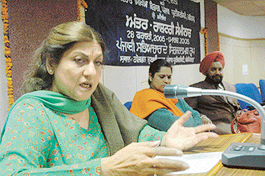 Sarvat Mohinuddin from Pakistan addresses an international seminar at Panjab University on Tuesday. 