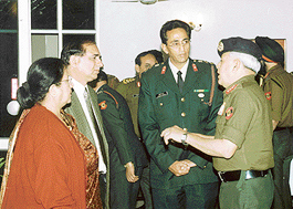 Chief of Staff, Western Command, Lieut-Gen P.K.  Grover (right) interacts with Brig Sanjeev Thapar, head of the commands Army Postal Service branch, at the APS anniversary function in Chandi Mandir on Tuesday.