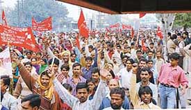 Activists of various trade organisations hold a demonstration against the UPA governments policies in Ludhiana on Wednesday. 