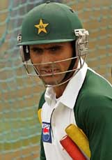 Pakistani cricketer Abdul Razzaq reacts during a practice session in Dharamsala on Wednesday. 