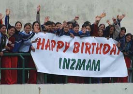 Spectators wish happy birthday to Pakistan captain Inzamam-ul-Haq on the first day of the match against Board Presidents XI in Dharamsala on Thursday