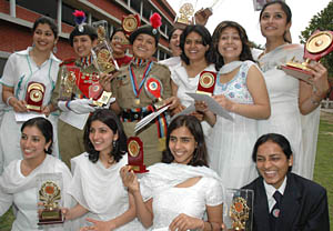 Students of MCM DAV College, Sector 36, with their awards after the annual prize distribution function of the college in Chandigarh 