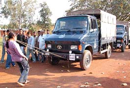 Twenty-year-old Seema Bhadoria of Datia village in Madhya Pradesh pulls two trucks