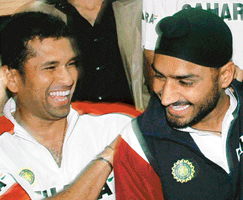 Indian cricket players Sachin Tendulkar and Harbhajan Singh in Chandigarh on Sunday.