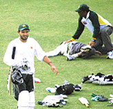 Pakistani cricket player Shahid Afridi after a practice session at PCA Stadium, Mohali on Sunday.