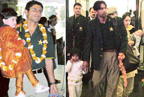Pakistani cricket players Abdul Razzaq (left) and Yousuf Youhana with their families at Hotel Mountview, Chandigarh on Sunday.