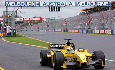 Jordans Formula One driver Narain Karthikeyan heads onto the track from the pit lane during the Australian Grand Prix 
