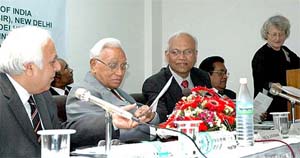 Union Science and Technology Minister, Mr Kapil Sibal (left), Haryana Governor Dr A R Kidwai, Director-General CSIR, Dr R A Mashelkar,  and Ms Paula Tiihonen from Finland during a conference on science and technology in Chandigarh on Monday.
