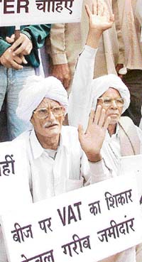 Members of the All-India Farmer Welfare Association demonstrate against Vat on seeds at Jantar Mantar in New Delhi