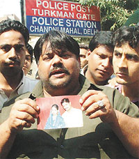 Relatives of Iqbal protesting at the police post in Turkman Gate in the Capital on Tuesday