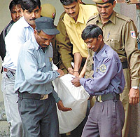 The body of Raj Kamal Khurana being taken for the postmortem in the Capital on Wednesday