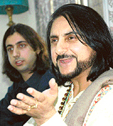 Pandit Bhajan Sopori, santoor virtuoso and music composer, and his son Abhay Rustum Sopori address mediapersons at Sector 12, Chandigarh, on Thursday.