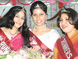 Jasmeet, Miss Dev Samaj (centre), first runner-up Isha (right) and second runner- up Vamika at a farewell function of Dev Samaj College, Sector 45, Chandigarh, on Thursday. 