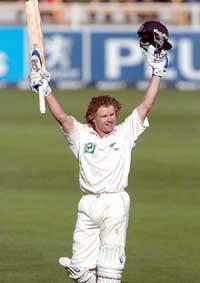 New Zealand batsman Hamish Marshall celebrates his maiden Test century in Christchurch on Thursday