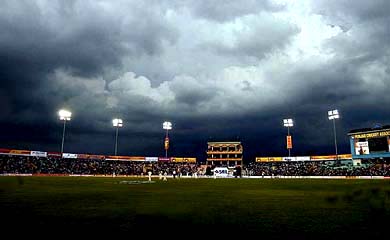 Dark clouds hover over the PCA Stadium in Mohali on Thursday