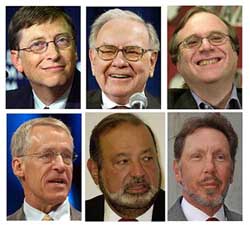 Topping the Forbes list of 400 of the worlds richest billionaires are Bill Gates, top left, in the first position; Warren Buffett, top centre, in the second spot, Paul Allen, top right, in seventh position, Robson Walton, bottom left, in the third position; Lakshmi Narain Mittal, bottom centre, in the fourth position, and Lawrence Ellison in the ninth spot. 