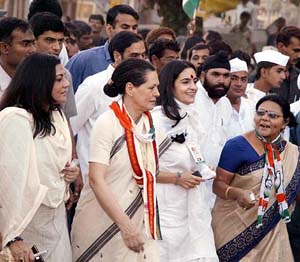 Seventyfive years after Mahatma Gandhi fired up patriotic fervour across India with his famous Dandi March against the British empire, Congress President Sonia Gandhi leads the march to Gandhi Ashram in Ahmedabad on Saturday. 