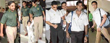 Cricketers of India and Pakistan leave Hotel Mountview for the Chandigarh airport