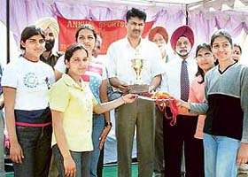 Girl students being awarded at the seventh annual sports meet of Sri Sukhmani Institute of Engineering and Technology in Dera Bassi