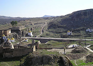 A panoramic view of seven Shiv temples which are without idols and kalash (elongated tip of the dome), in Katasraj. 