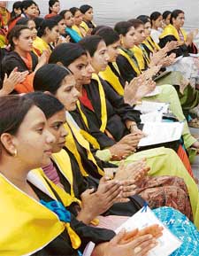Students of Master Tara Singh College, Ludhiana, at convocation function in the college on Tuesday