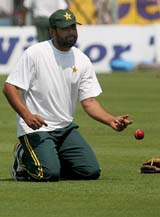 Inzamam-ul-Haq tosses a ball during a practice session in Kolkata on Tuesday