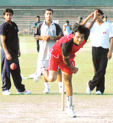 All-rounder Joginder Sharma, a Haryana Ranji player, during net practice at Sector 16 Cricket Stadium on Wednesday.