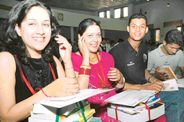 Students in a jubilant mood after receiving awards at the annual prize distribution function at DAV College, Sector 10, Chandigarh on Wednesday.