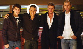 An undated handout photograph issued in London on Tuesday shows Spanish soccer star Raul, Mexican actor Kuno Becker, England's soccer captain David Beckham and French soccer star Zinedine Zidane on the set of the movie Goal