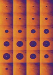 In each column of microsecond snapshots, a gas bubble swells, then collapses to about the size of a blood cell.