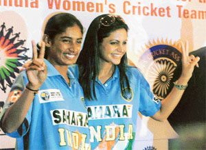 Indian one-day team captain Mithali Raj with team brand ambassador Mandira Bedi