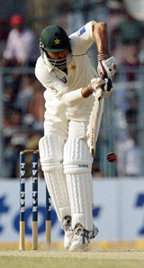 Pakistani batsman Shahid Afridi plays a shot during the fourth days play of the second Test against India in Kolkata