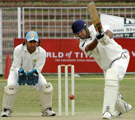Haryana batsman Sunny Singh plays a shot during his knock of 137 runs in the Ranji Trophy Plate group semifinal match against Jharkhand at the Sector 16 cricket stadium in Chandigarh on Saturday