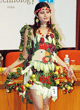 A model walks down the ramp to promote vegetarianism at an event organised by a fashion designing school in New Delhi on Sunday.