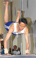A gymnast participates in the Chandigarh State Open Gymnastic Championship being held at DAV College, Sector-10, Chandigarh on Tuesday.