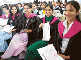 Students of Dev Samaj College for Women, Sector 45, Chandigarh in a jubilant mood after receiving their degrees at a convocation on Tuesday. 