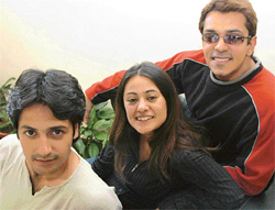 From left: Imran Khan, Mona Wasu and Ajay, star cast of a forthcoming TV serial, Miilee, in Chandigarh on Tuesday. 