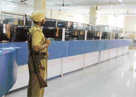 The State Bank of India,  Fountain Chowk, Ludhiana, wears a deserted look as the bank staff observed a strike on Tuesday