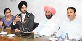 The Mayor of Leicester, Mr Piara Singh Clair, with the Mayor of Ludhiana, Mr Nahar Singh Gill, and the Commissioner, Mr S.K. Sharma, at a press conference in Ludhiana on Monday