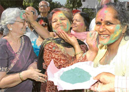 Inmates of Old Age Home, Sector 30, celebrate Holi in Chandigarh on Tuesday.