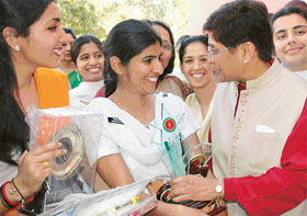 Super cop Kiran Bedi interacts with students of  Guru Gobind Singh College, Sector 26, Chandigarh, after the prize distribution function of the college on Wednesday. 