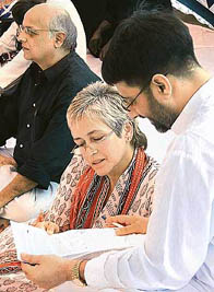 Film producer Mahesh Bhatt, Nafisa Ali and Prof S.A.R. Geelani participate in a peace march "Delhi To Multan", at Nizamuddin in New Delhi on Wednesday.